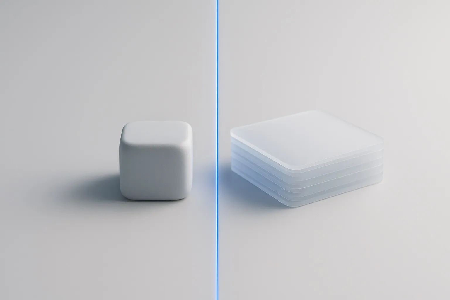 A single key-like cube beside a stack of saved snippet cards