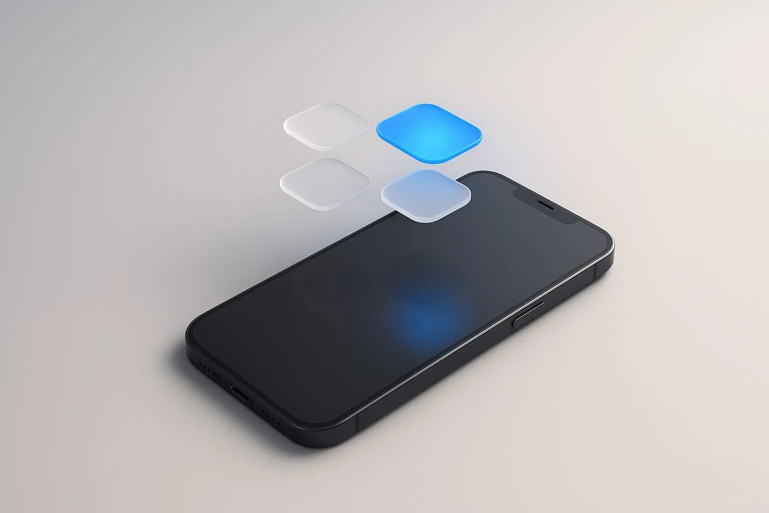 Quick-access tiles floating above an iPhone, one glowing blue