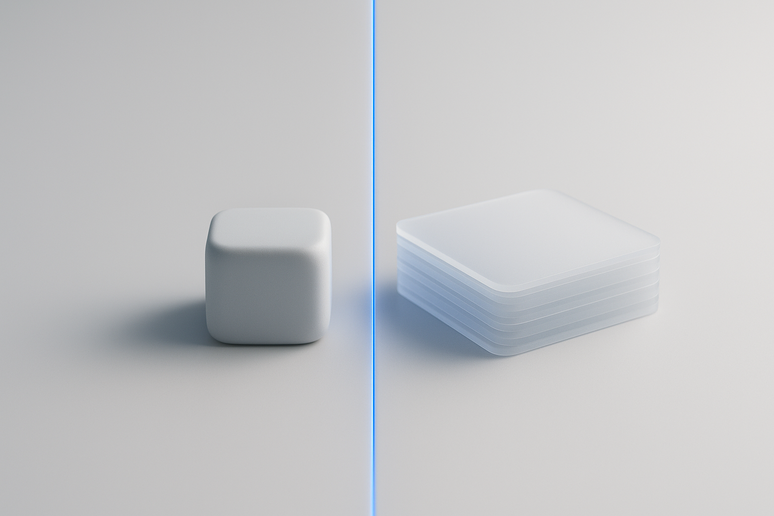 A single key-like cube beside a stack of saved snippet cards