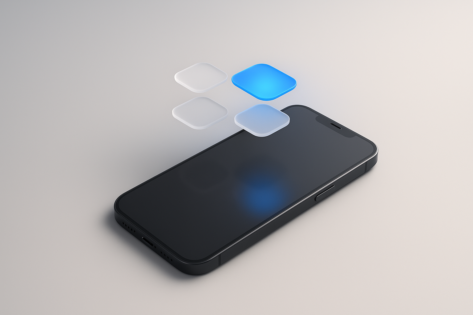 Quick-access tiles floating above an iPhone, one glowing blue