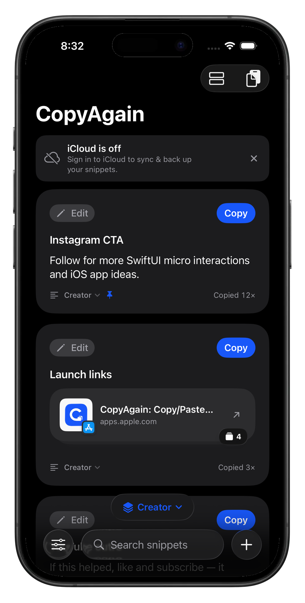 CopyAgain running on iPhone, showing saved snippets with Copy buttons